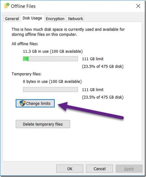 Windows 10 Offline Files - Change Cache Size