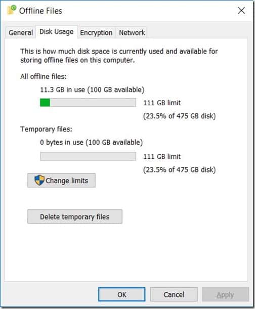Windows 10 Offline Files - Check Cache Size - Disk Usage