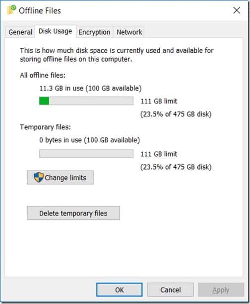 fișiere Offline Windows 10 - Verificați dimensiunea Cache - utilizarea discului