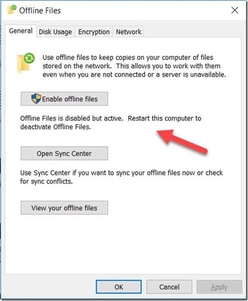 Windows 10 Offline Files - Disable Offline Files - Text Change
