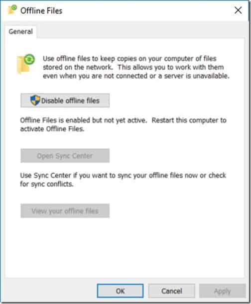 Windows 10 Offline Files - Enable - OK Button