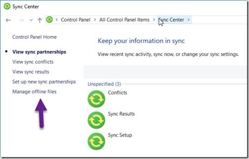 Windows 10 Offline Files - Enable - Sync Center