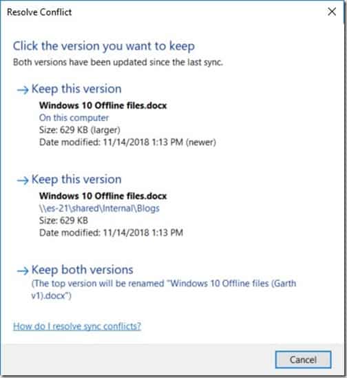 Windows 10 Offline Files - Sync Conflicts - Resolve Conflict