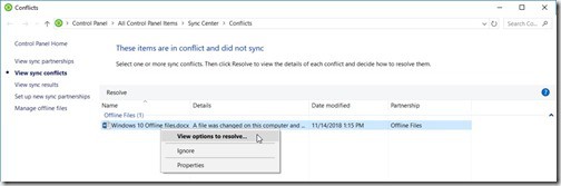 Windows 10 Offline Files - Sync Conflicts - View Options to Resolve