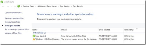 Windows 10 Offline Files - Sync Status - Results