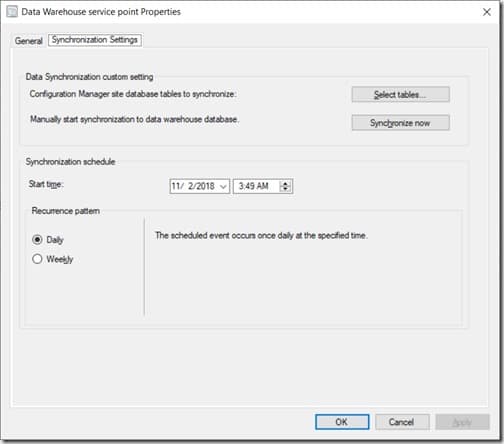 Add Tables to the ConfigMgr Data Warehouse - Synchronization Settings
