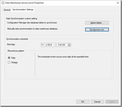 Add Tables to the ConfigMgr Data Warehouse - Synchronize Now