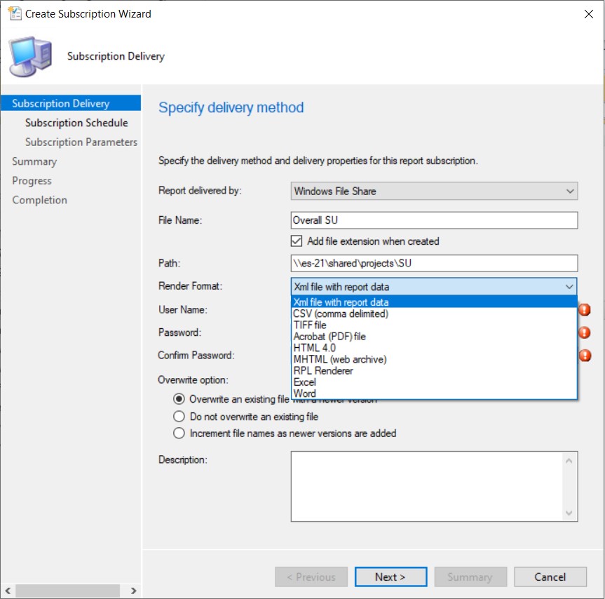 Abbonamento alla condivisione file di Windows - Formato di rendering