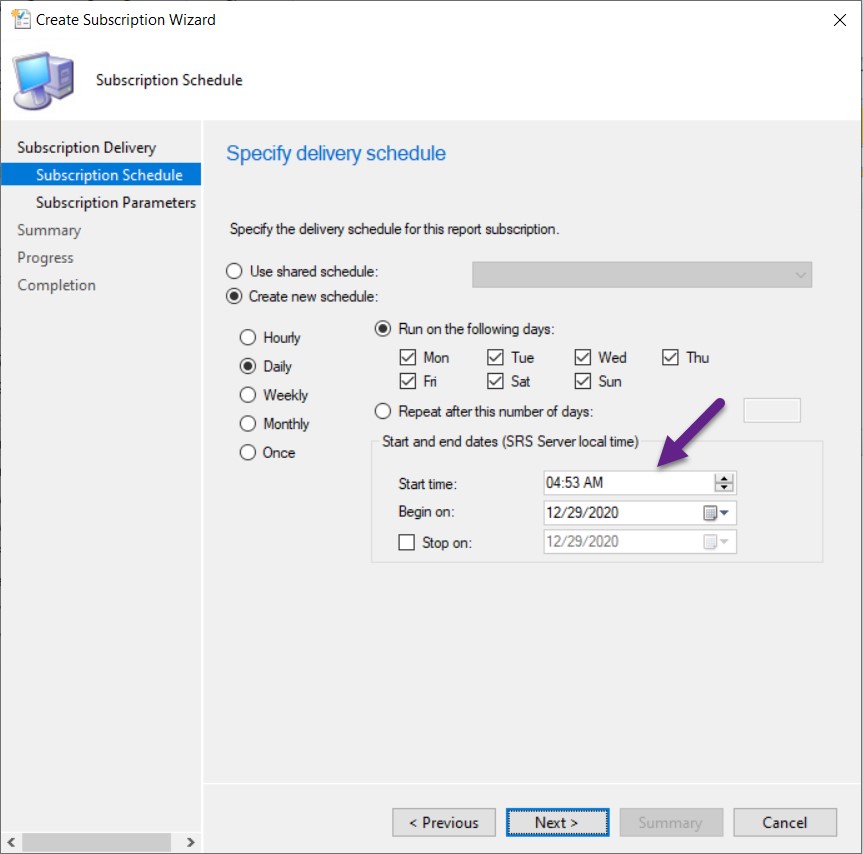 Windows File Share Subscription - Schedule