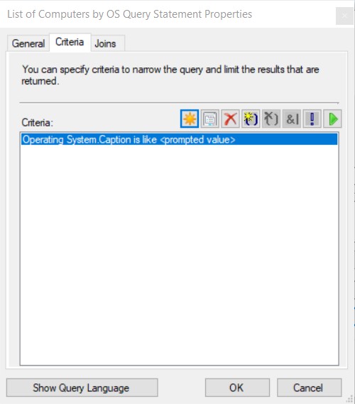 Prompted WQL Query - Criteria Tab - Prompted Value