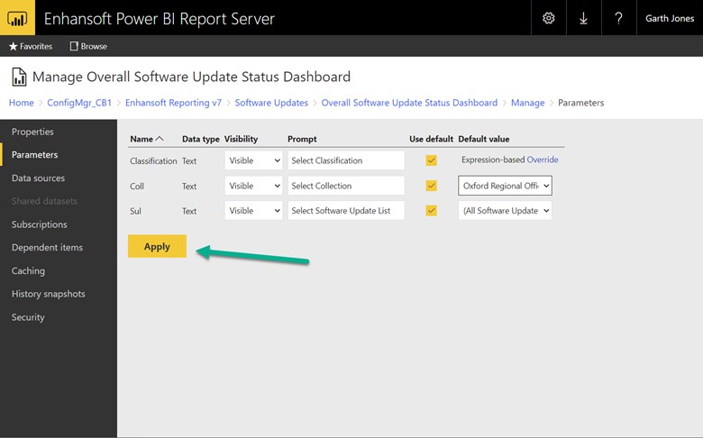 Default Report Parameters - Apply Button