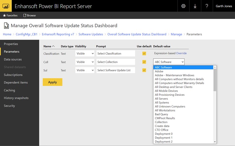 Default Report Parameters - Select Collection