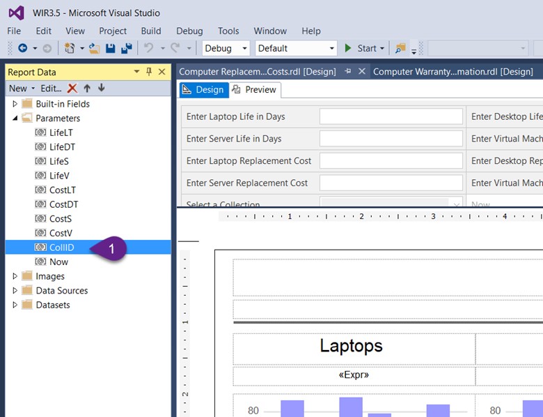 Parâmetros de relatório padrão - Visual Studio - Parâmetros