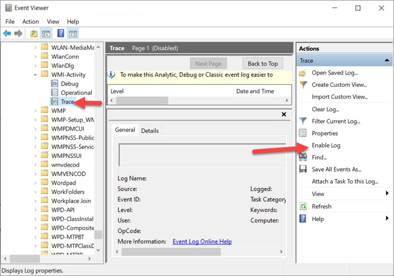 Enable WMI Logging - Event Viewer - Actions Pane