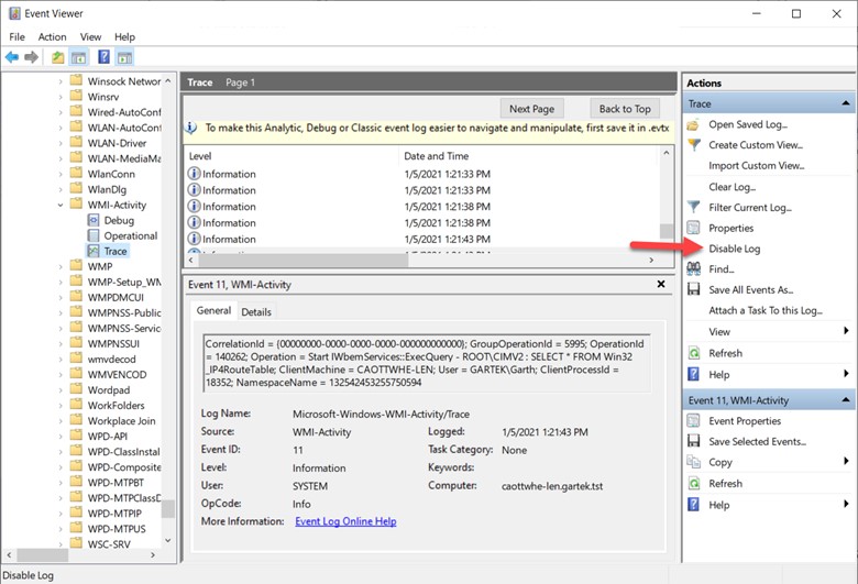 Enable WMI Logging - Event Viewer - Disabled Log