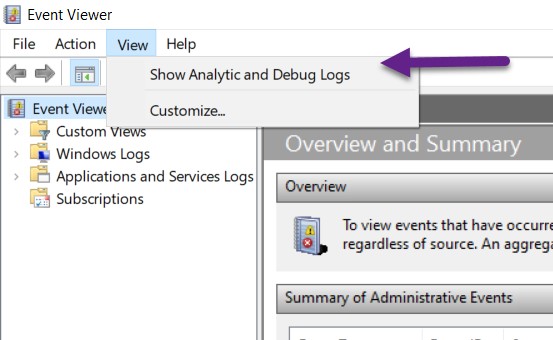 Enable WMI Logging - Event Viewer - View Tab